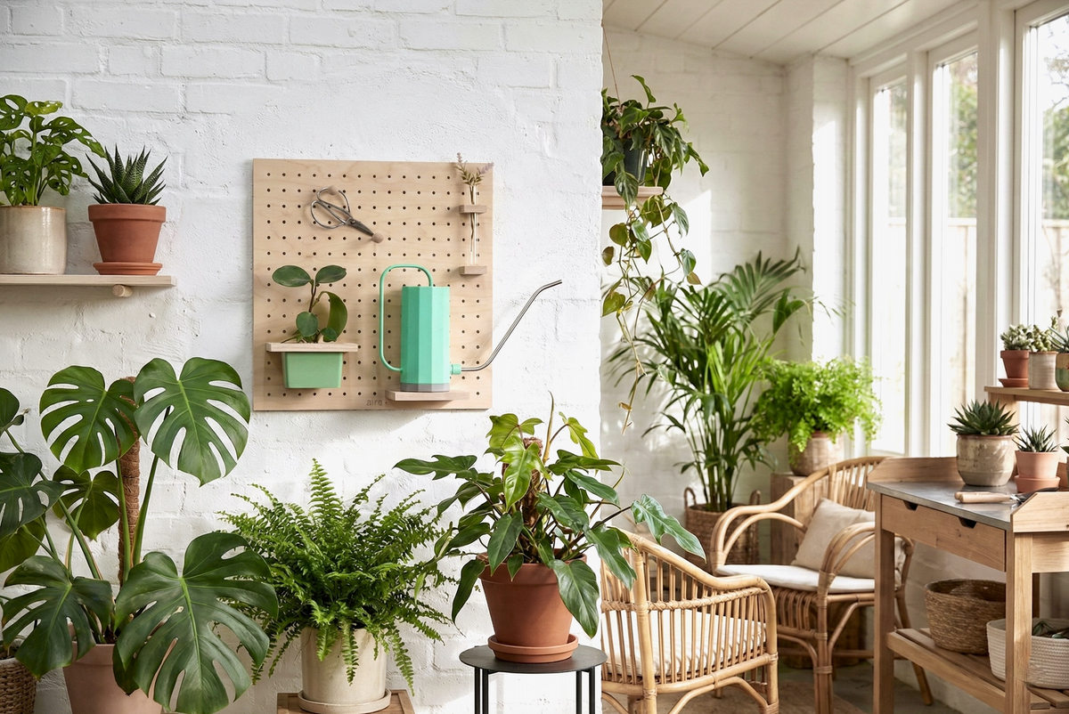 Pegboard jardin Aire en bouleau fixé au mur d'une véranda avec pot de fleurs suspendu, soliflore, arrosoir et sécateur