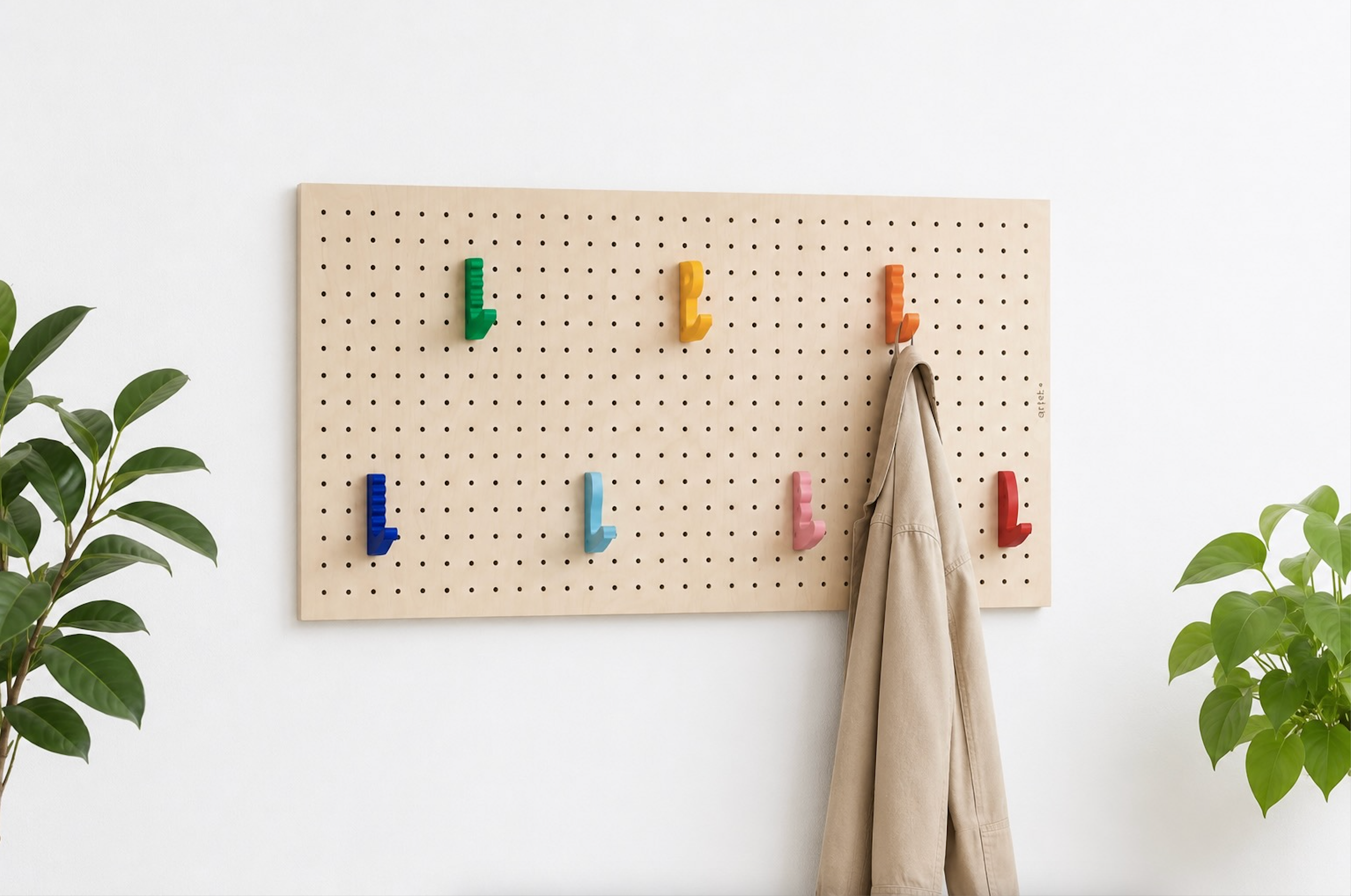 Porte manteau mural pegboard en bois – 7 patères colorées