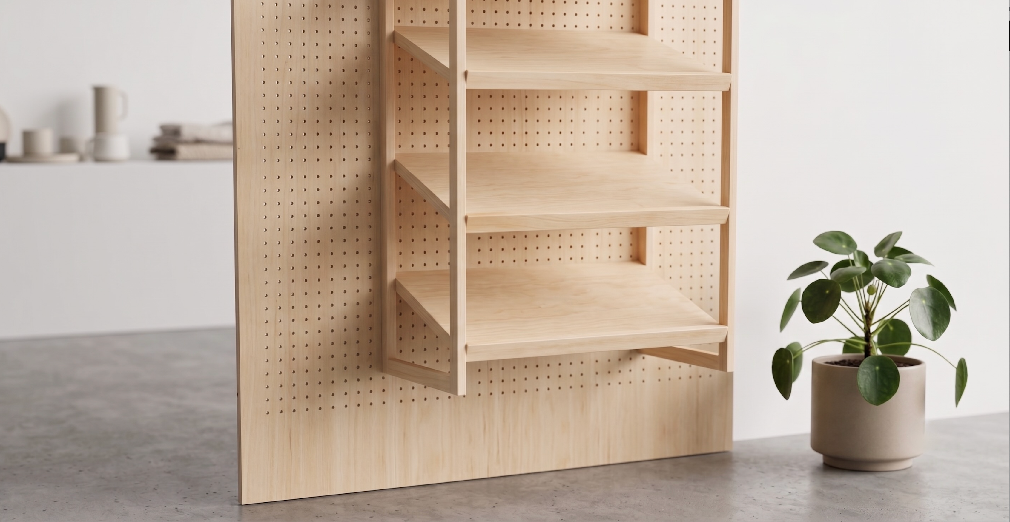 Étagère inclinée à rebords en bouleau présentant des livres de face sur pegboard Aire