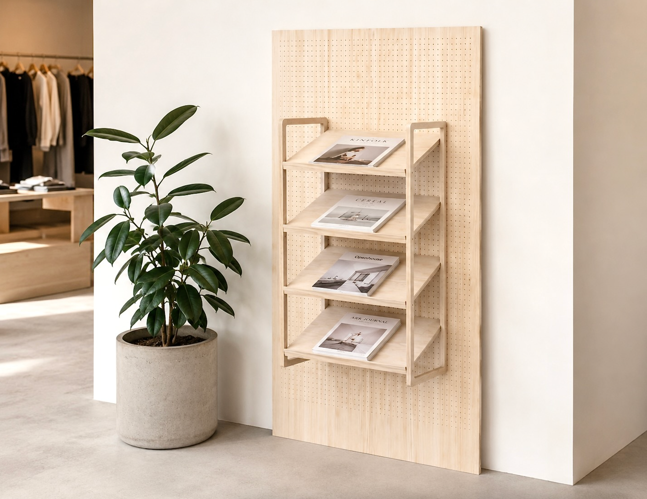Pegboard XL 147x250 cm en bouleau avec étagère inclinée à rebords – présentoir mural Aire