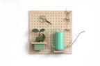 Pegboard jardin mural avec plante dans un pot de fleurs suspendu, soliflore fleuri, sécateur suspendu et arrosoir sur étagère