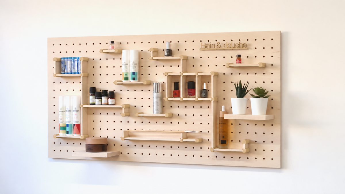 Kit rangement maquillage pour pegboard – organiseur mural panneau perforé