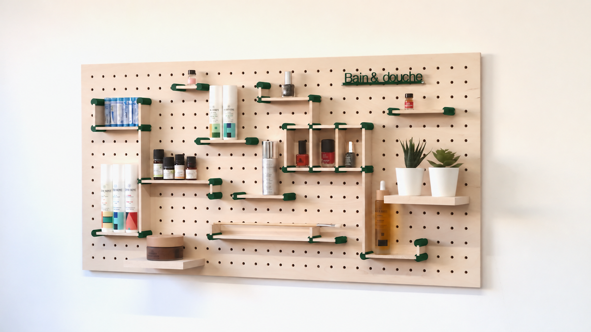 Kit rangement maquillage pour pegboard – organiseur mural panneau perforé