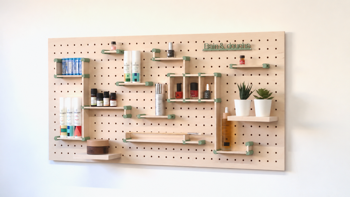 Kit rangement maquillage pour pegboard – organiseur mural panneau perforé
