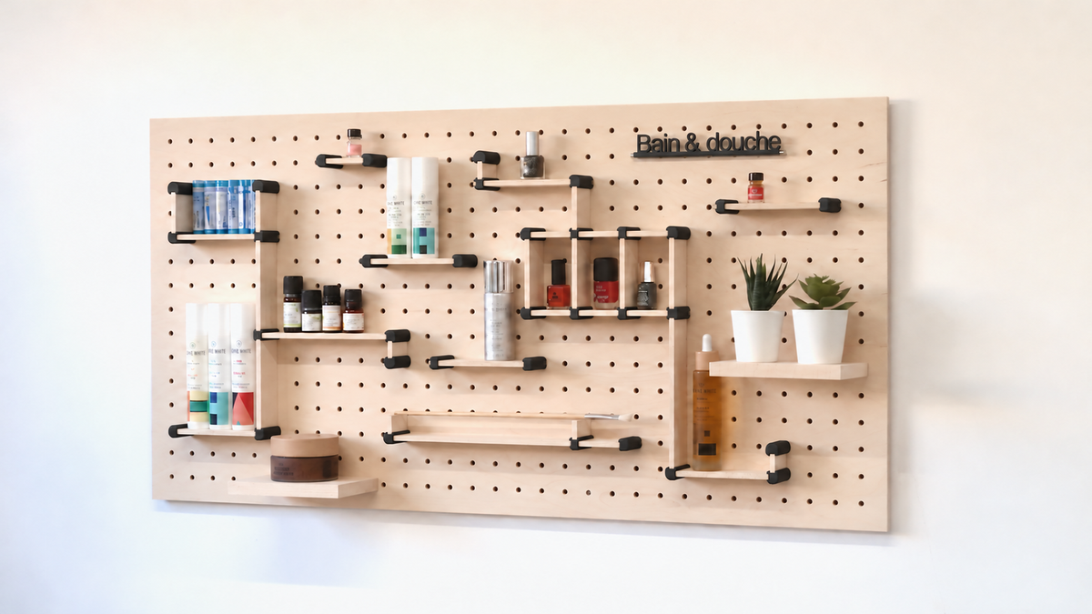Kit rangement maquillage pour pegboard – organiseur mural panneau perforé