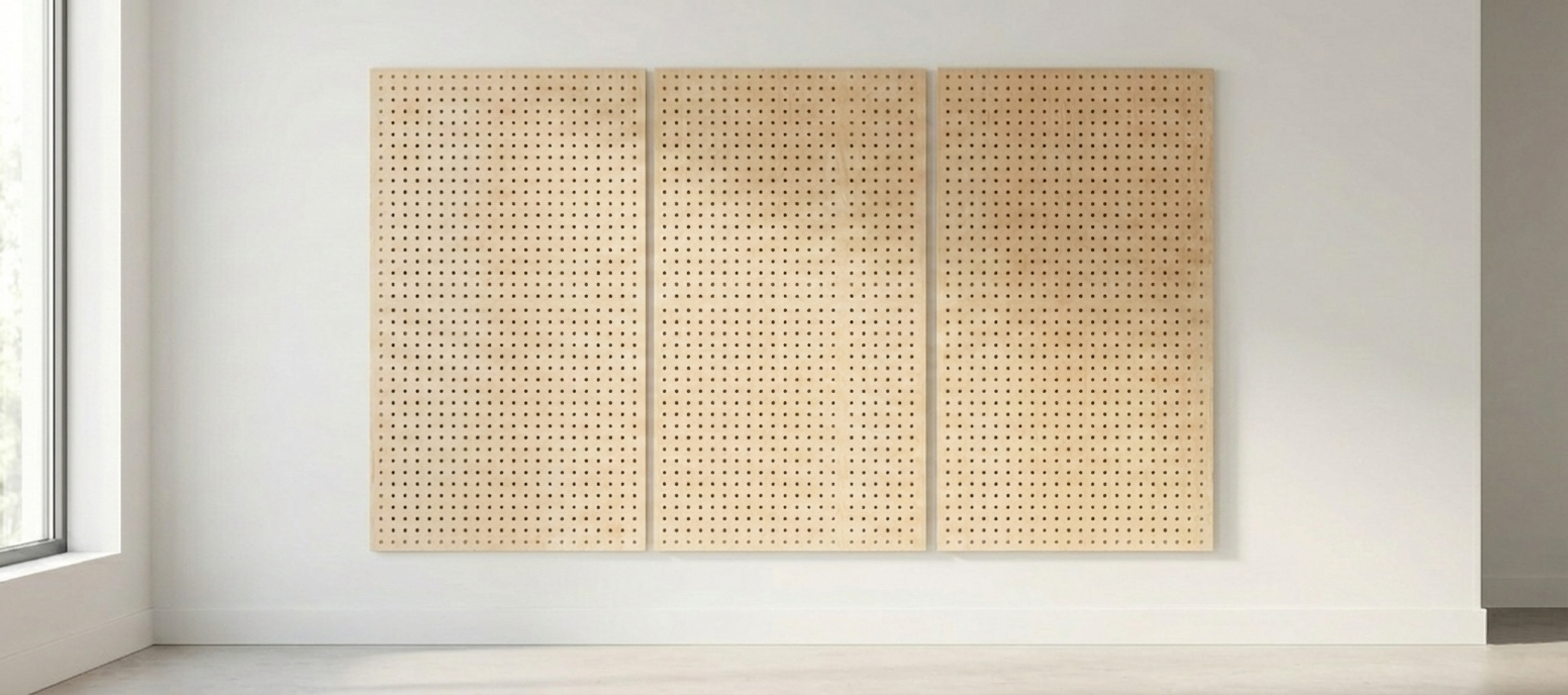 Three natural wood pegboard panels mounted on a white wall in a minimalist room with natural light