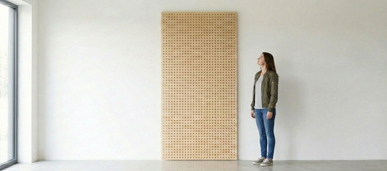 Woman standing next to a large wooden pegboard with evenly spaced holes mounted on a wall in a bright room