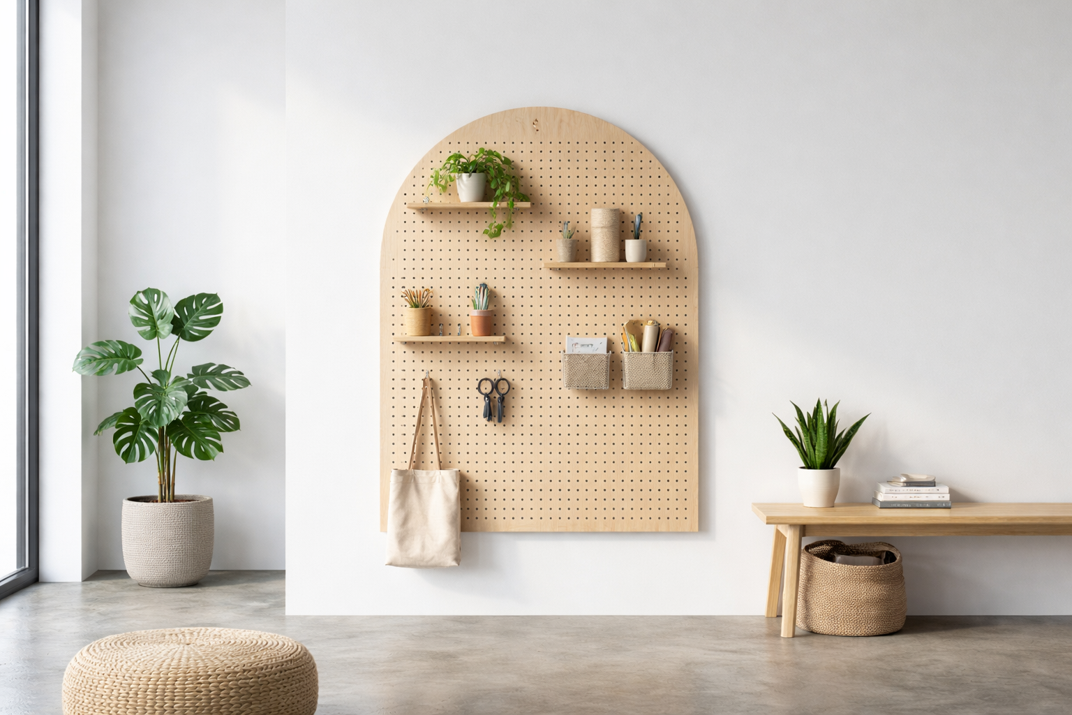 Beige arched pegboard wall organizer with shelves, storage baskets, and hanging accessories in a minimalist room setting