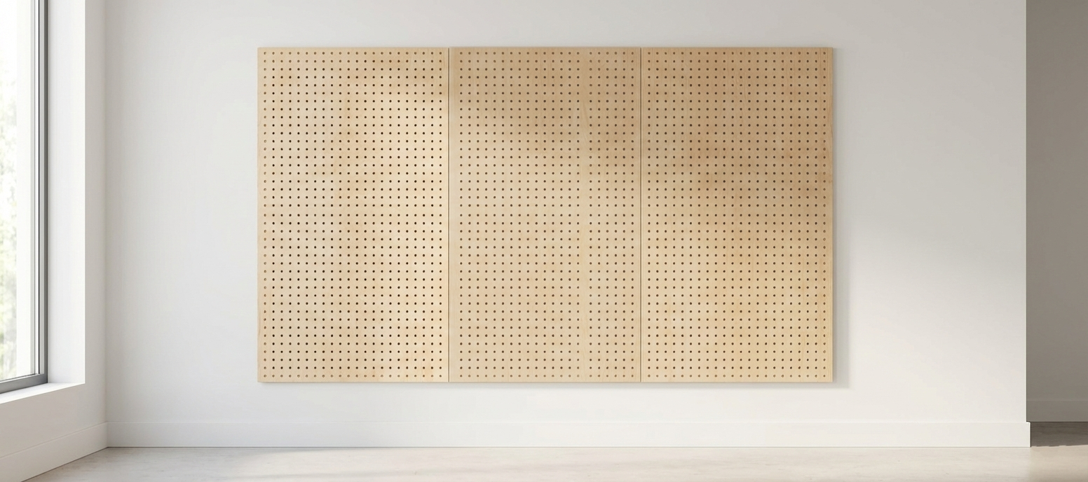 Three large beige pegboard panels mounted on a white wall in a minimalist room with natural light.