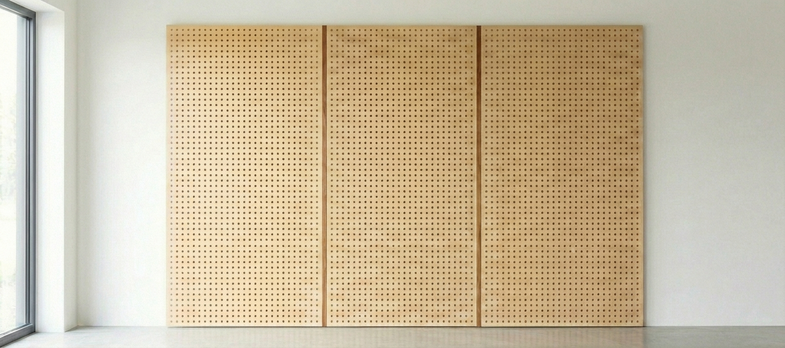 Three large natural wood modular pegboard panels mounted on a white wall in a minimalistic room with natural light.
