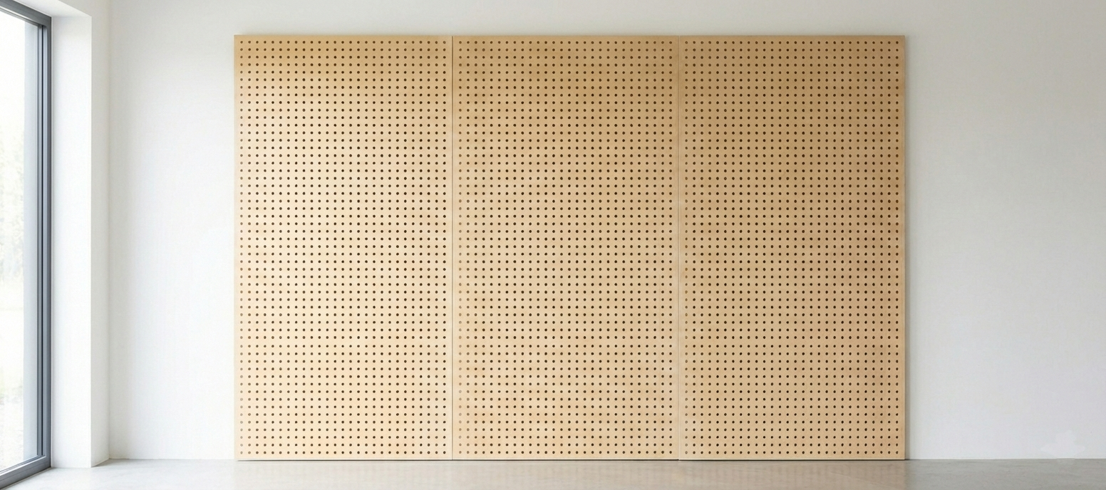 Three large wooden pegboard panels mounted on a white wall in a minimalist room with natural light.