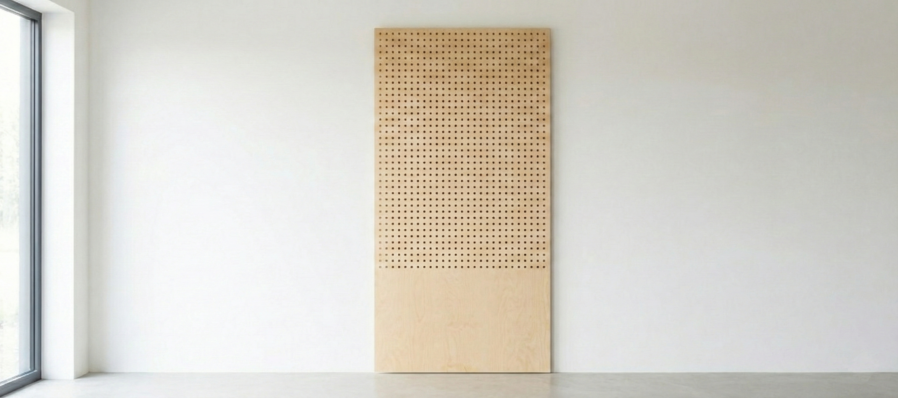 Minimalist modular pegboard with evenly spaced holes and solid lower panel, ideal for stylish home organization and storage accessories.