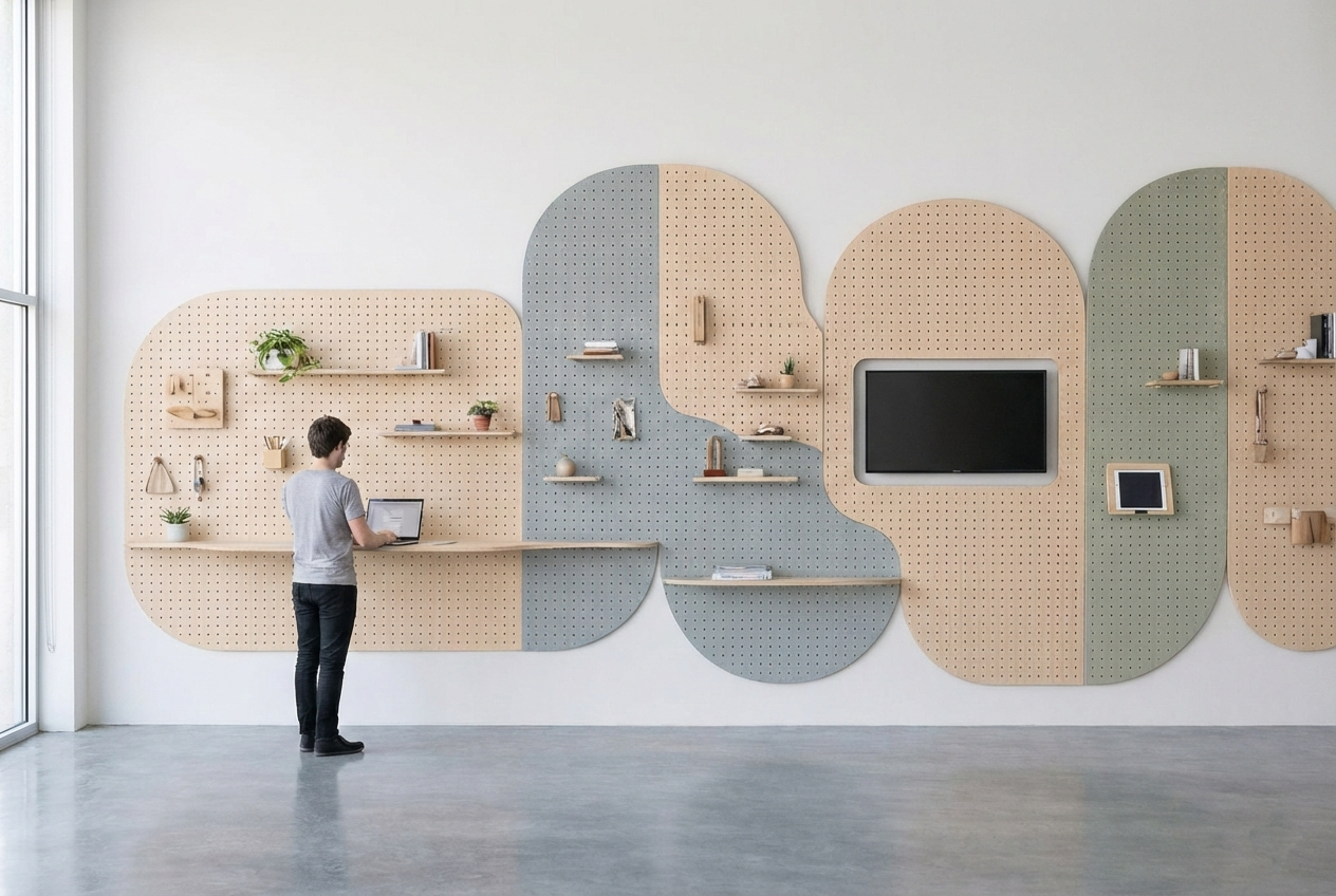 Modern wall-mounted modular pegboard system with shelves and home organization accessories in neutral colors.