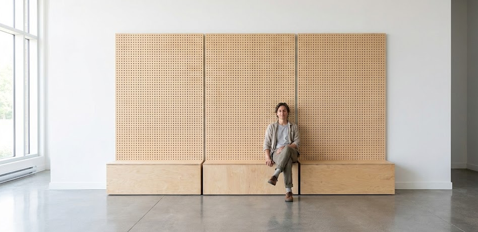 Modern modular pegboard wall organizer with a robust wooden base and an evolutive plug and play design