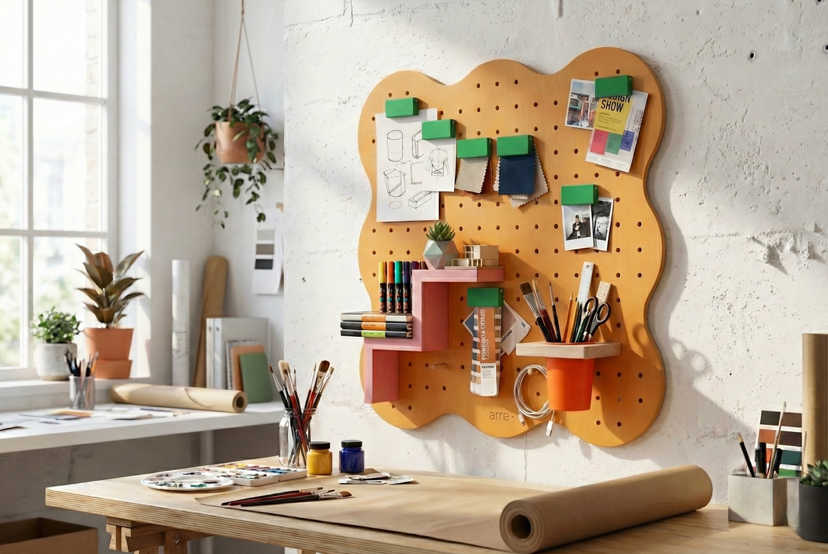 Pastel orange 48 x 48 cm Art Studio Curves pegboard with green magnetic clips, pink step shelf and orange pencil pot