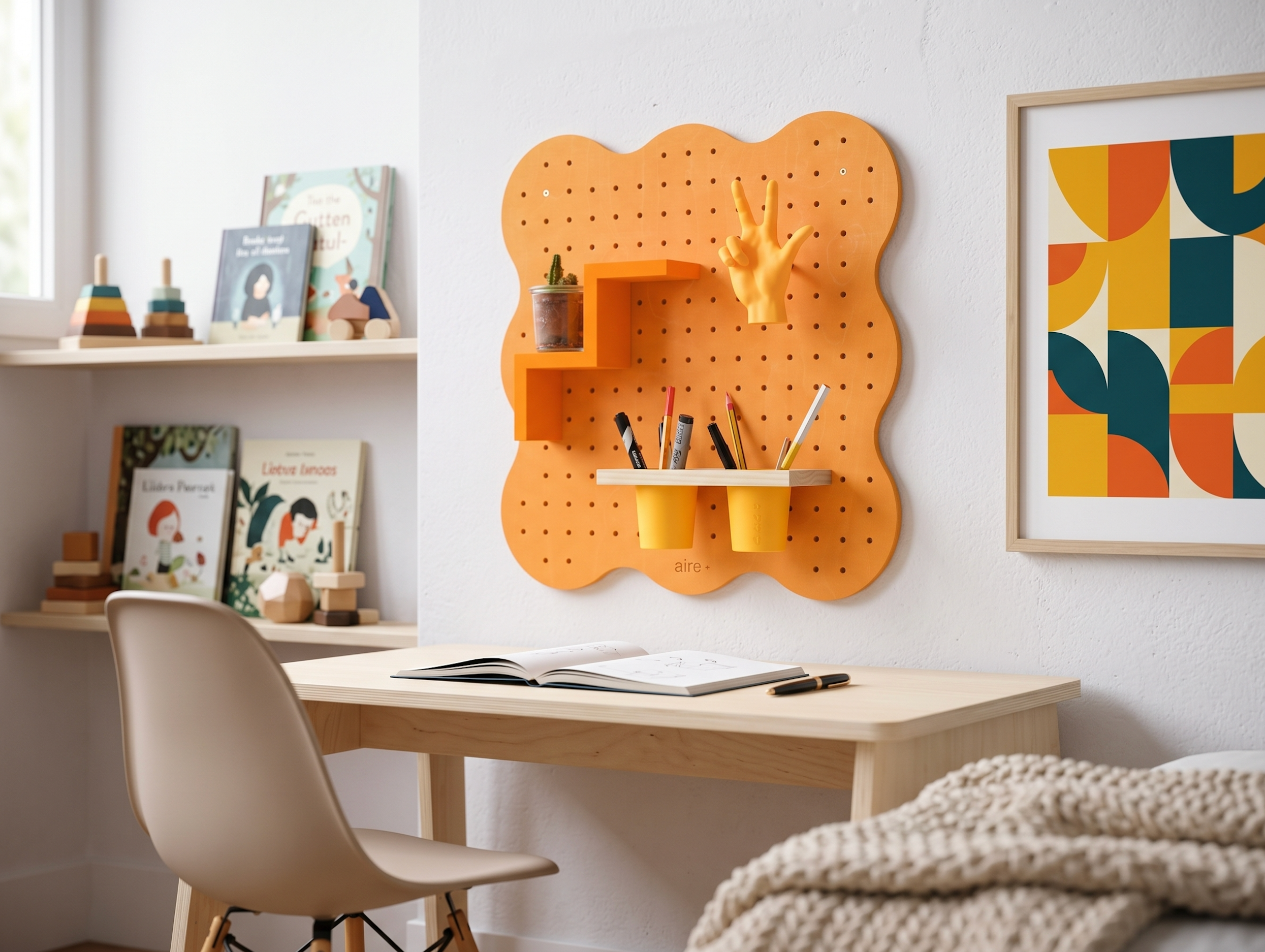 Pastel orange Curves pegboard above a child's desk with step shelf, hand hook and double pencil pot