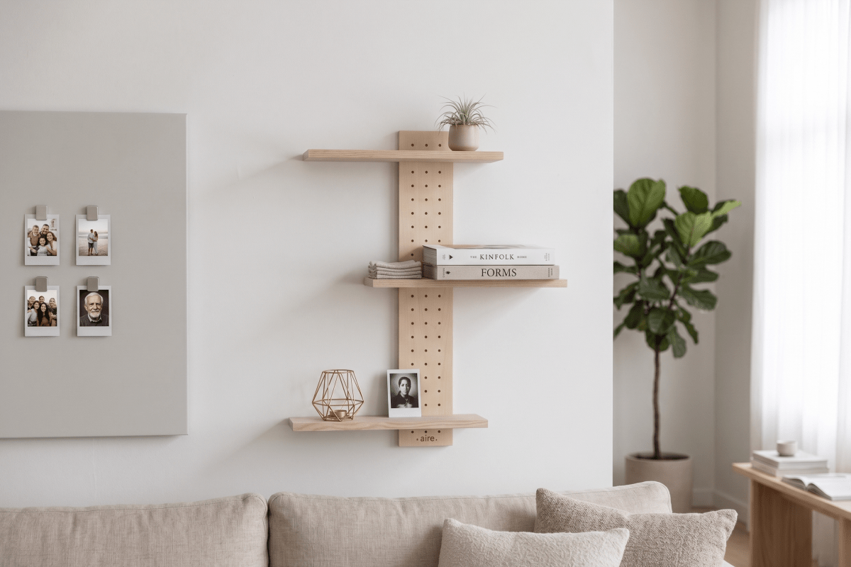 Pegboard vertical avec tablettes au-dessus d'un canapé